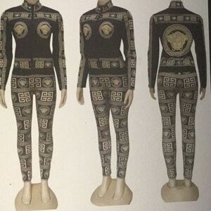 Black and Gold Ornate Track Pants with Medallion Patterns